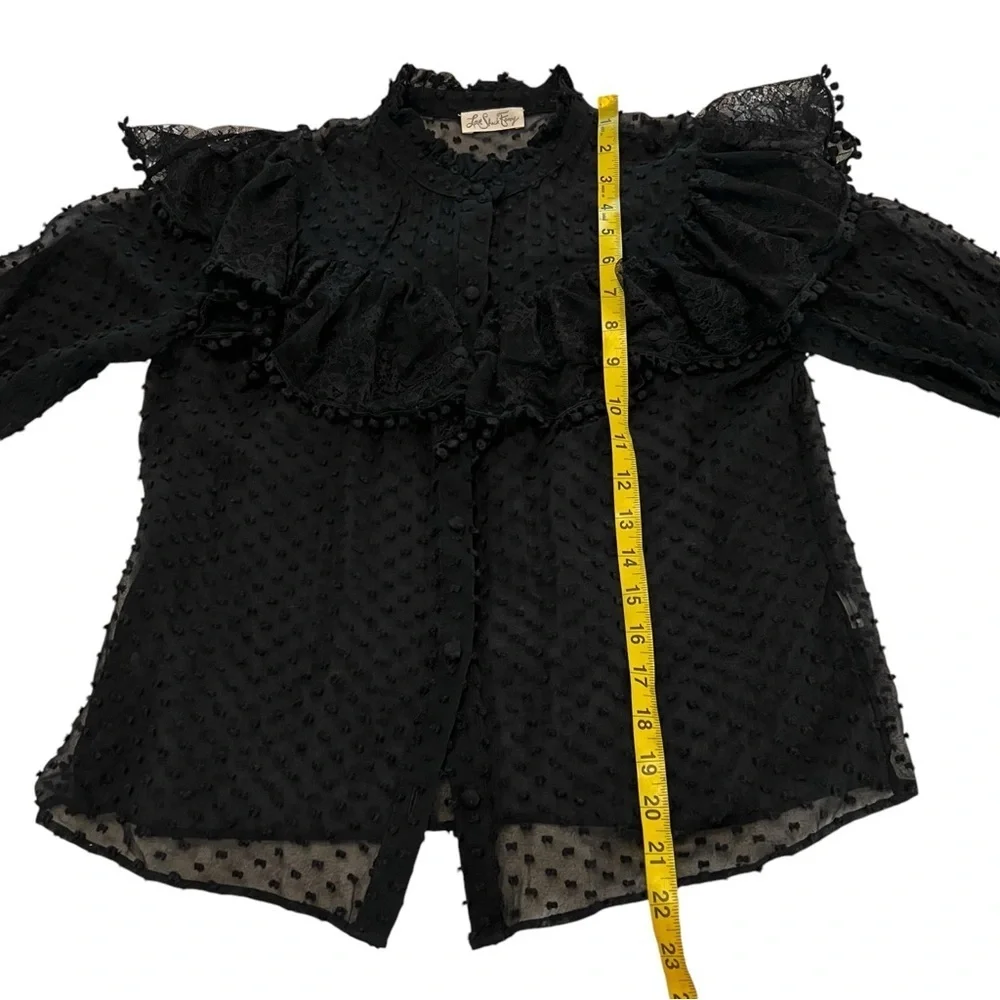 LoveShackFancy Erica SWISS DOT HIGH NECK LACE BLOUSE Ruffled Button Front Sheer - Picture 6 of 16